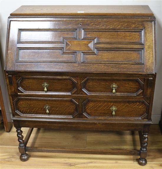 A Jacobean style oak bureau, W.93cm